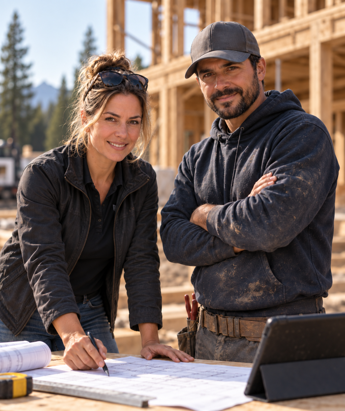 Construction team reviewing work on site