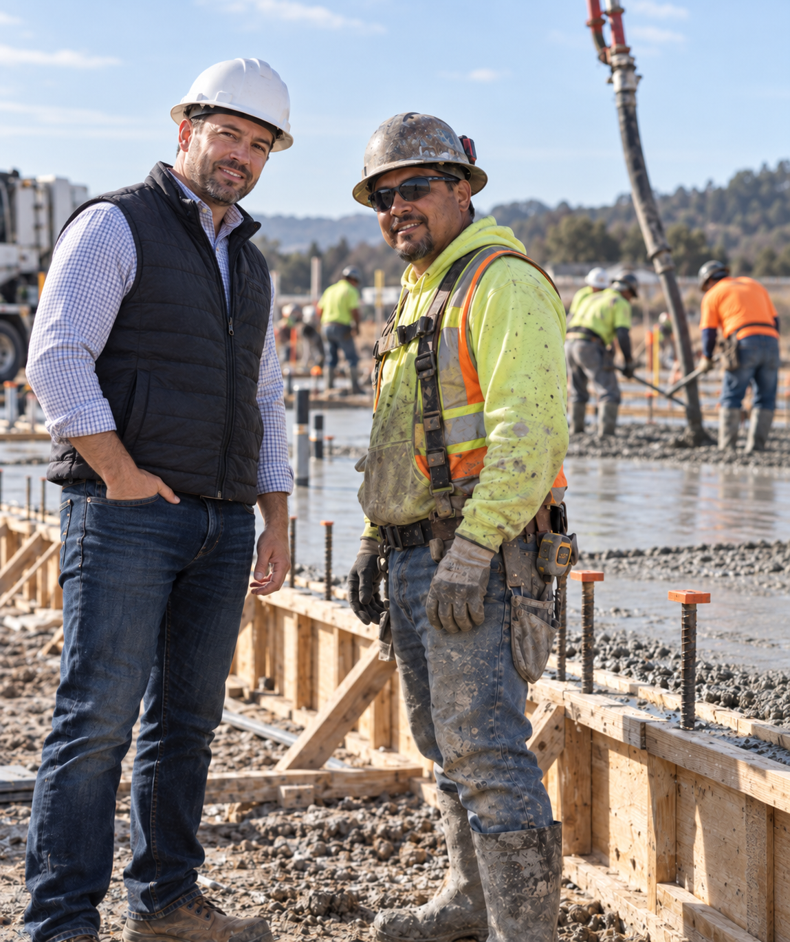 An owner and a crew member standing together at a concrete pour on an active job site
