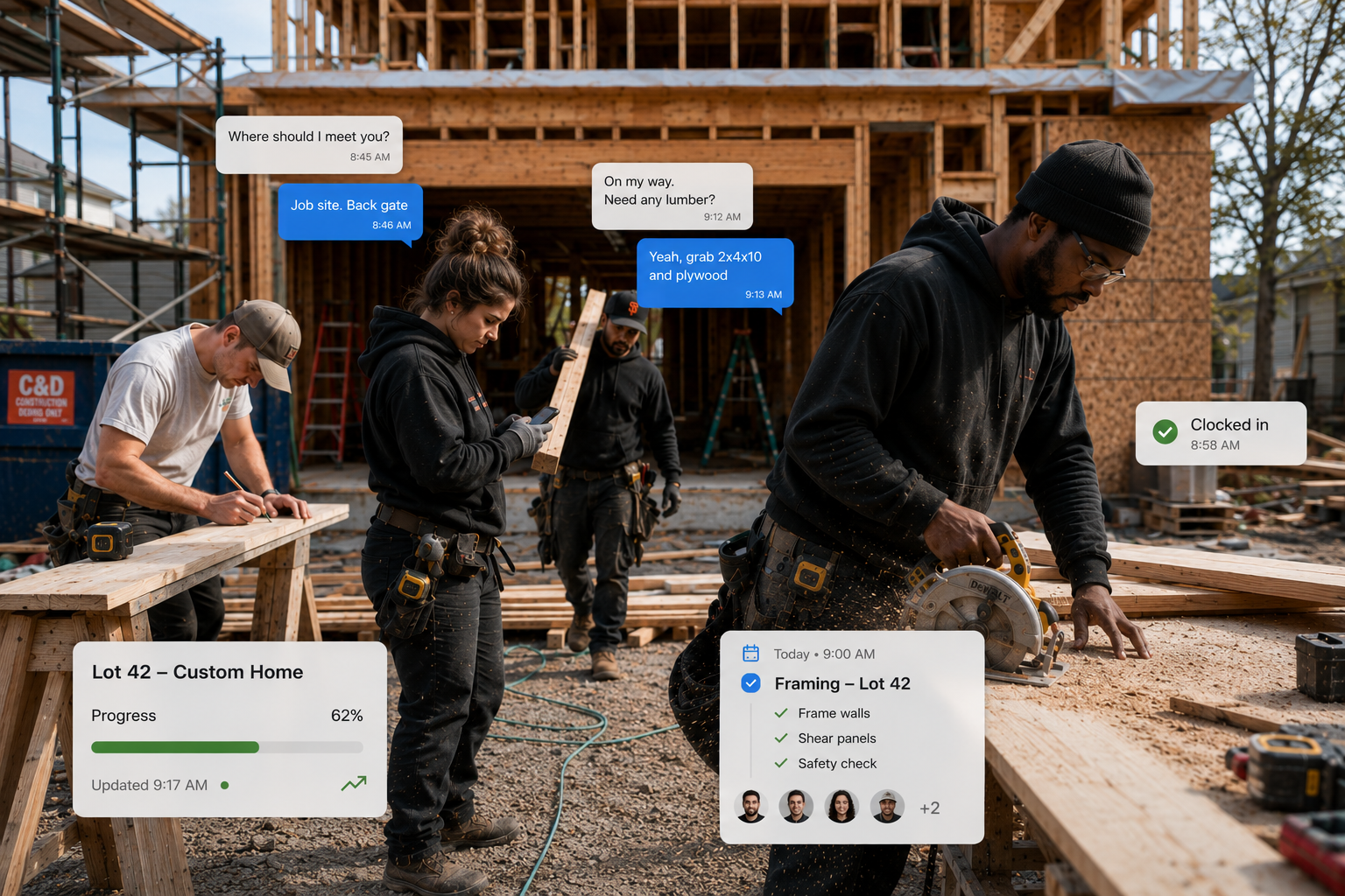 A framing crew mid-task on an active residential job site, with handyOS updates alongside the work