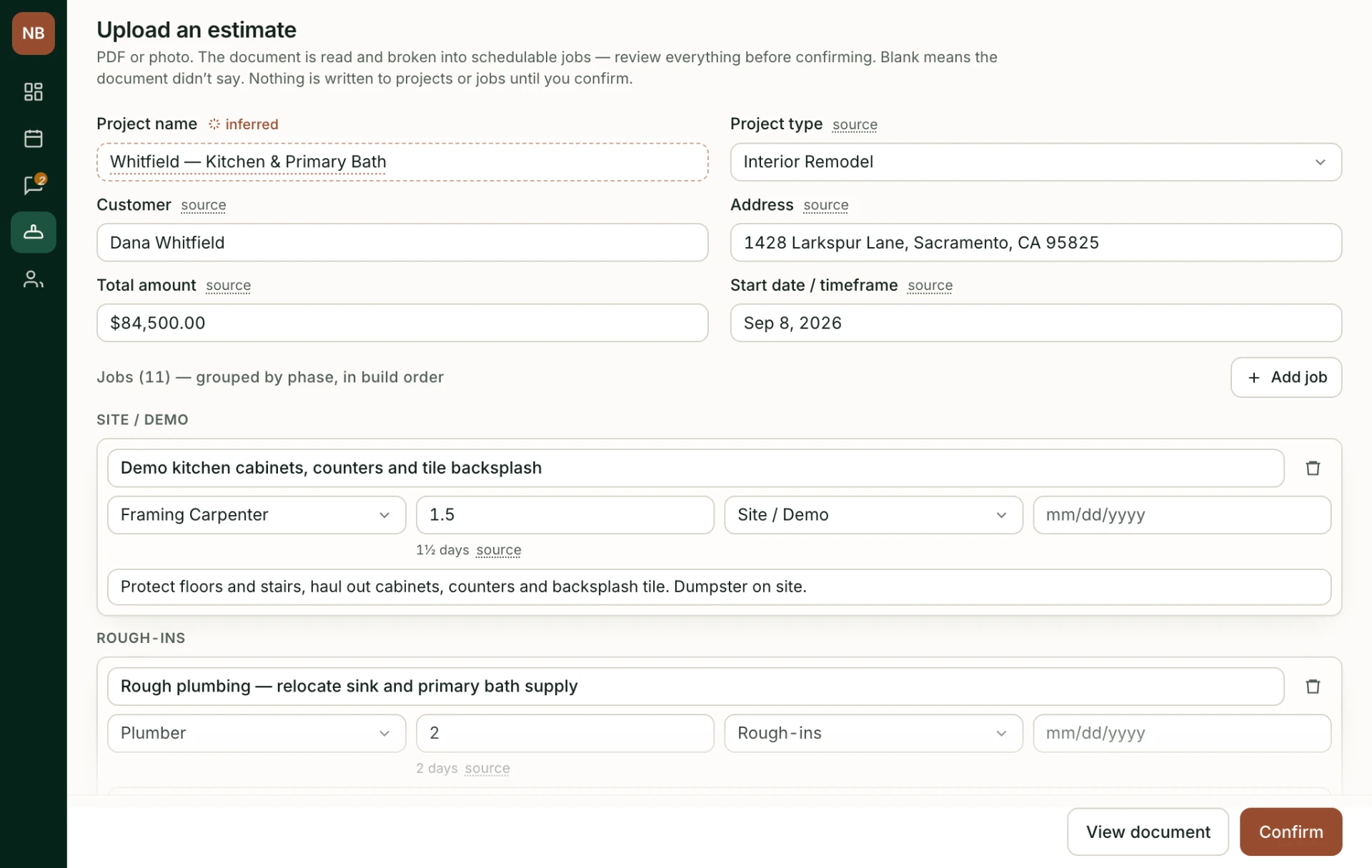 Estimate review — the parsed estimate broken into schedulable jobs